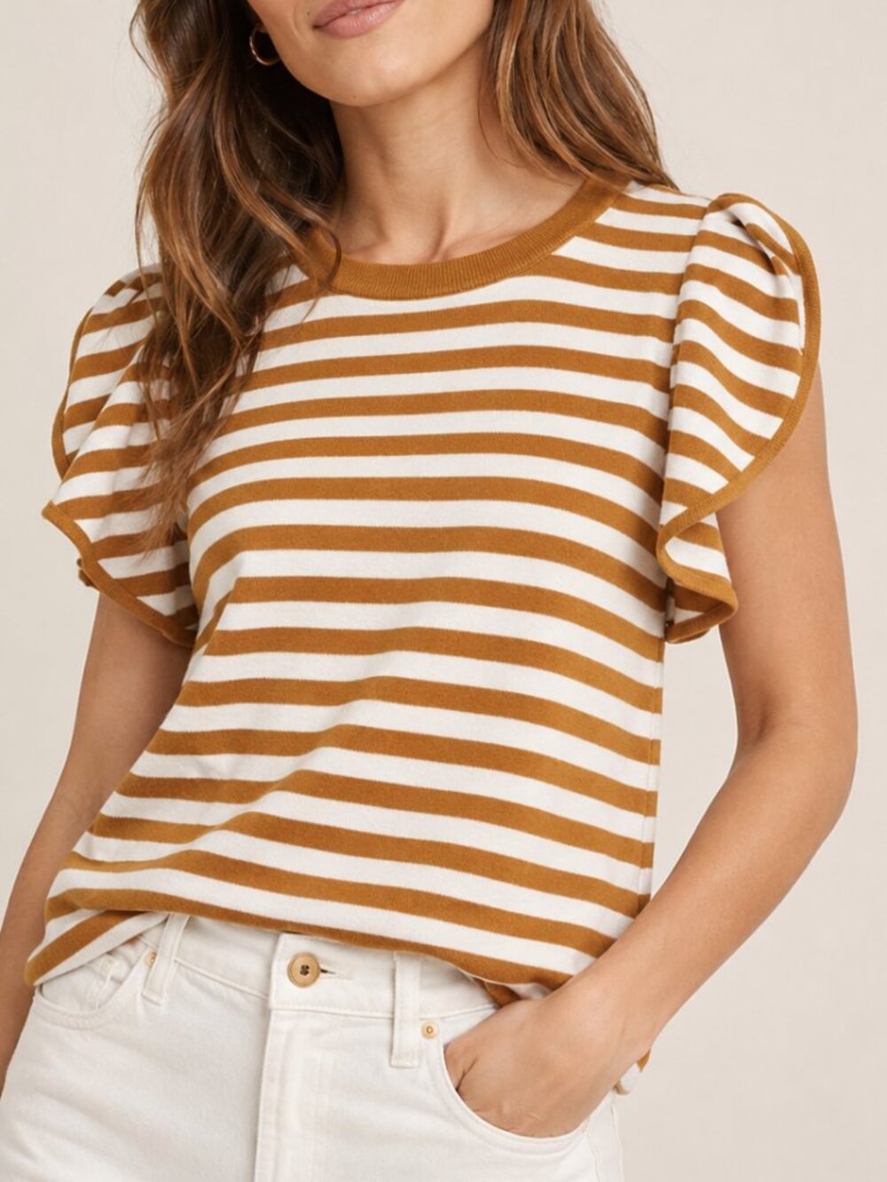 By Anthropologie Jillian Flutter-Sleeved Top Striped Yellow Ivory Size XS
